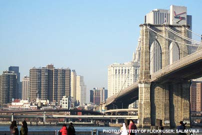 Manhattan New York City seen from the Brooklyn Bridge